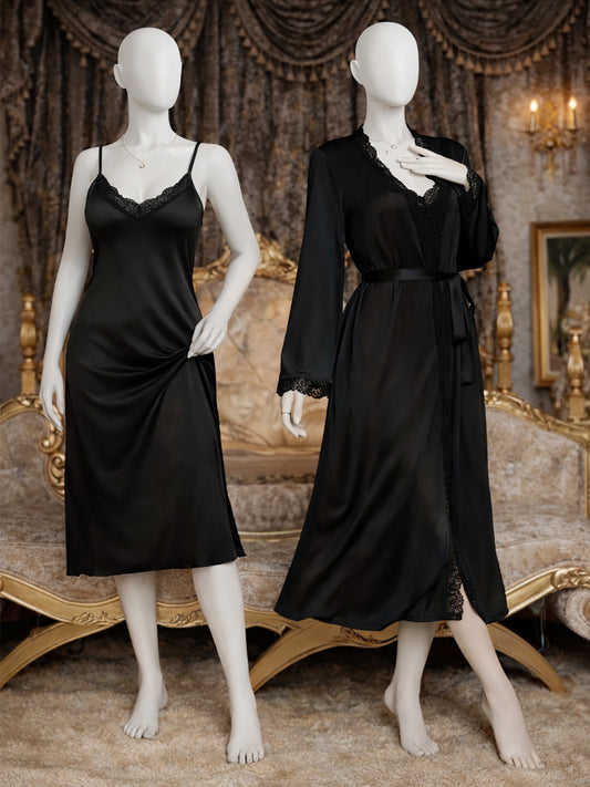 2 Piece Satin Black Nighty With Gown for Girls and Women WSN09