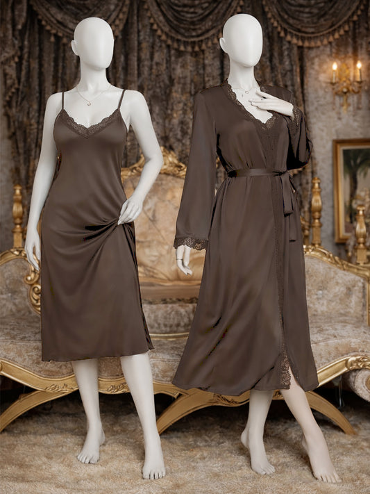 2 Piece Satin Brown Nighty With Gown for Girls and Women WSN10
