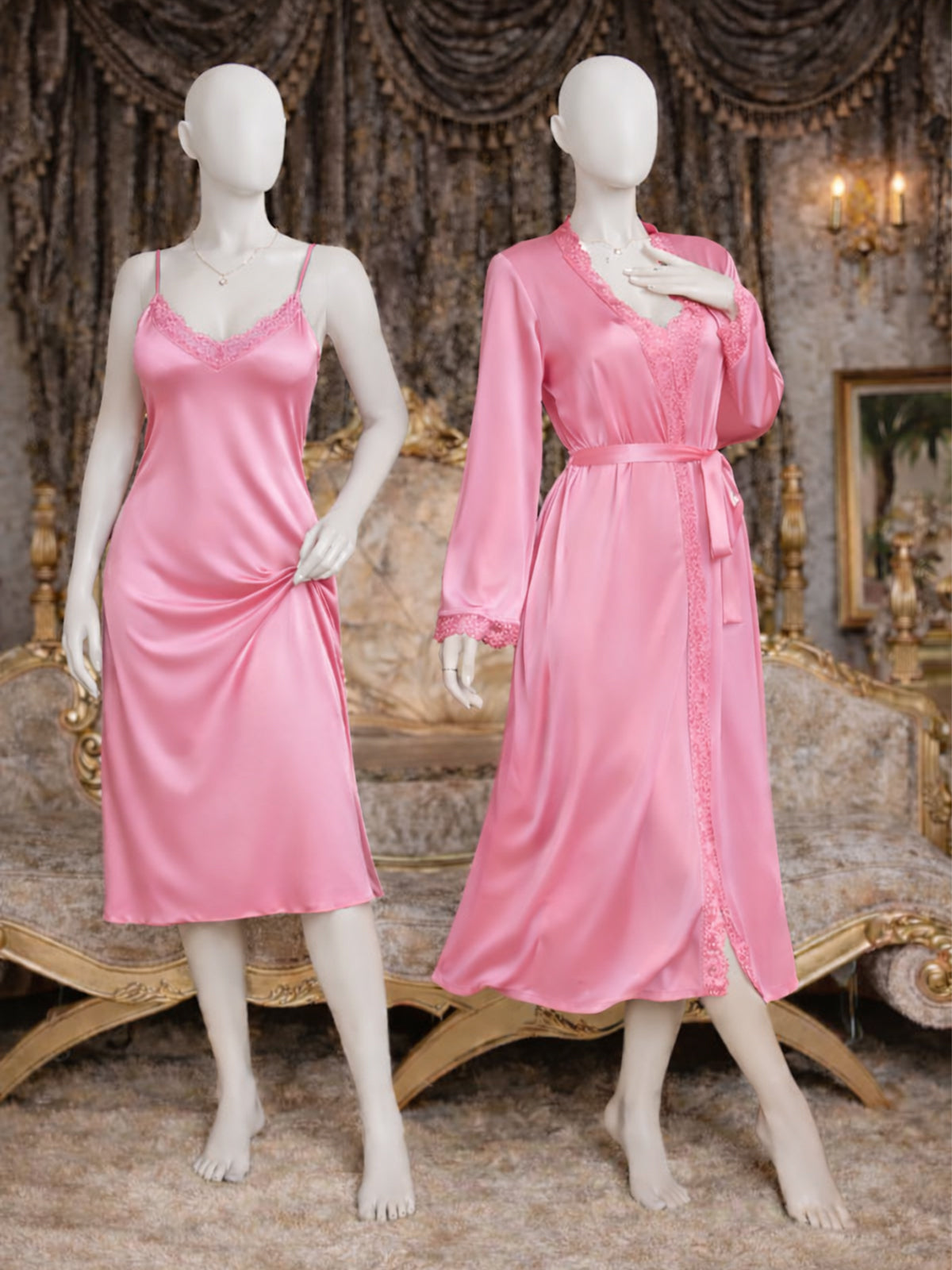2 Piece Satin Pink Nighty With Gown for Girls and Women WSN11