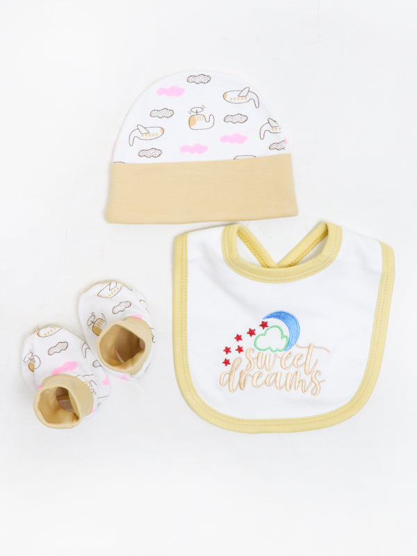 Pack of 3 Newborn Bib, Cap And Booties Set Peach