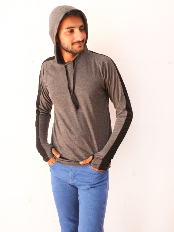 Grey Full Sleeve Hooded T-Shirt For Men SN MTS74