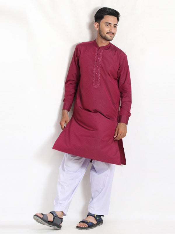 MSK32 Men's Chambray Kameez Shalwar Stitched Suit Cuff Dark Maroon