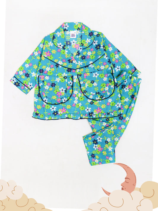 Kids Cotton Night Suits 2 Yrs - 7 Yrs Printed Flower Light Sea Green