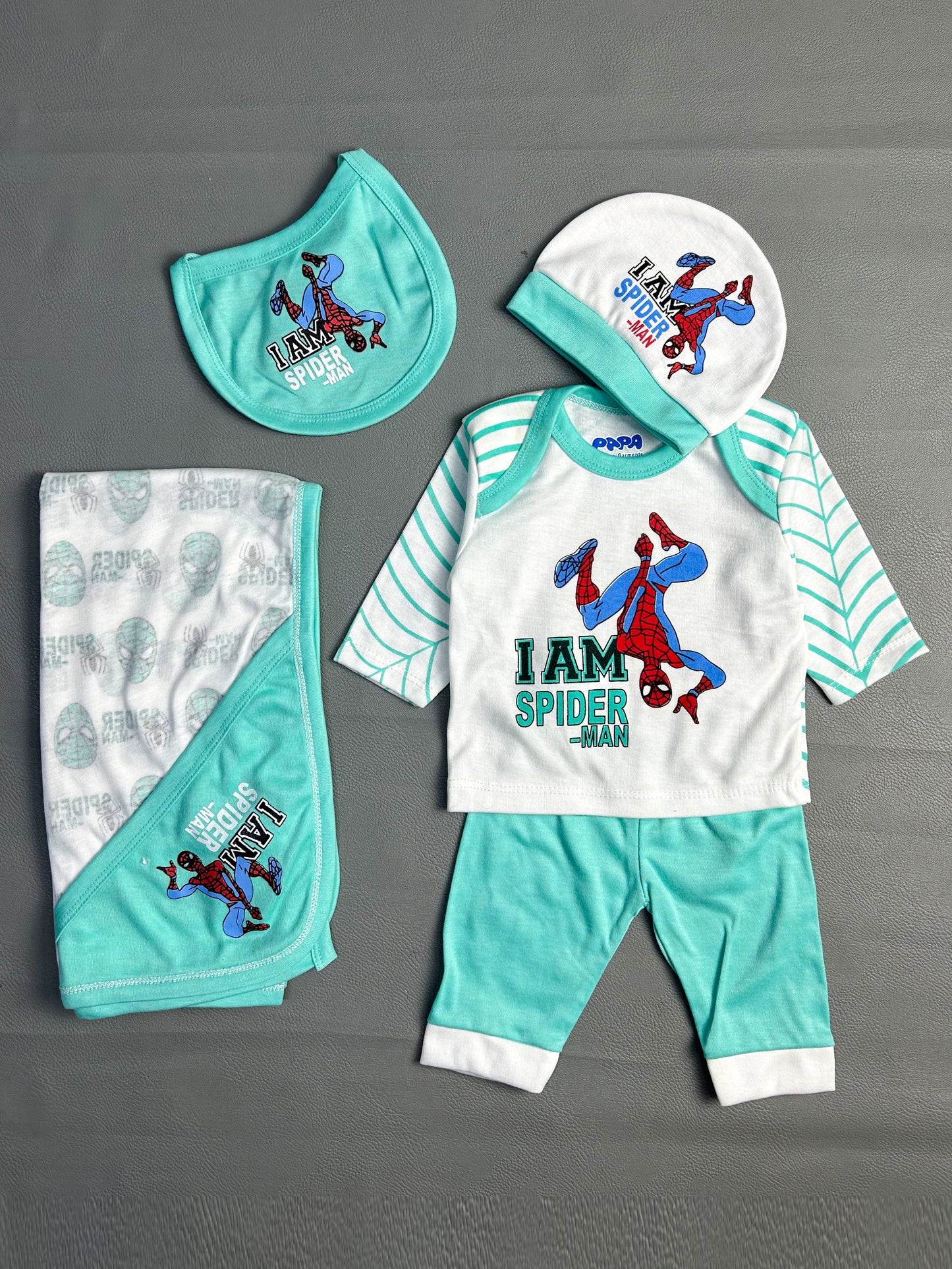 0Mth - 3Mth Spiderman Turquoise 5Pcs Gift Set For Newborn NBGS77