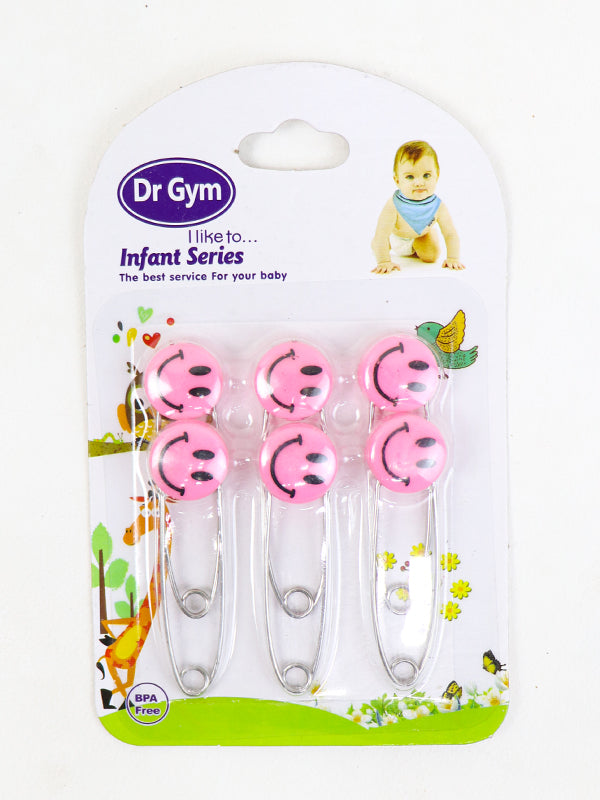 Dr Gym - NewBorn Safety Pins Smiley Pink Pack of 6