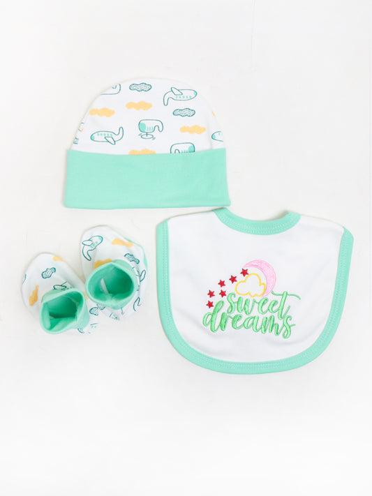 Pack of 3 Newborn Bib, Cap And Booties Set Light Greenish Cyan