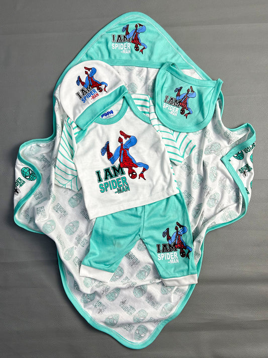 0Mth - 3Mth Spiderman Turquoise 5Pcs Gift Set For Newborn NBGS77