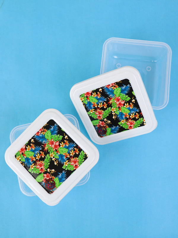 Pack of 2 Plastic Food Storage Box Black Flower
