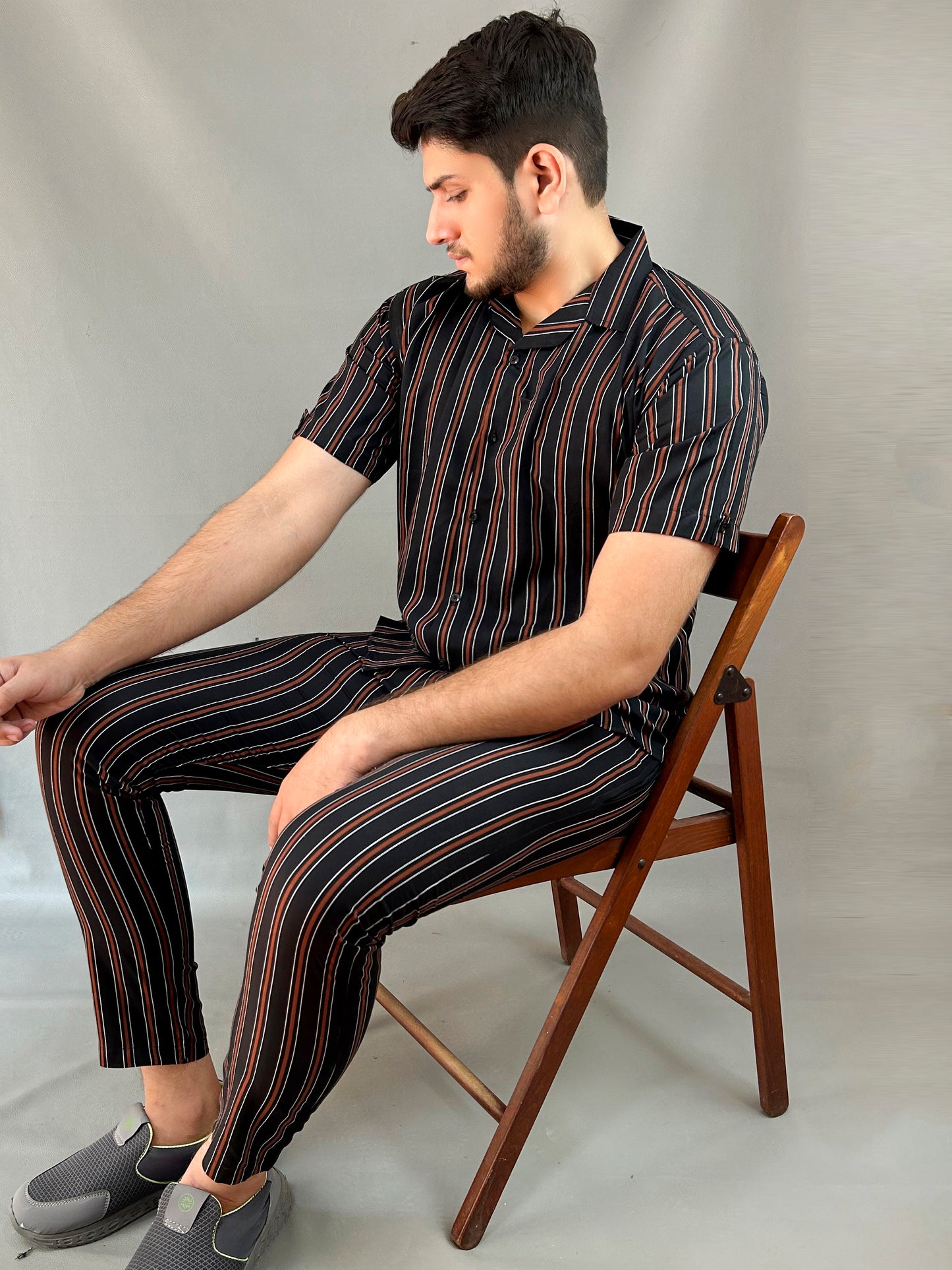 Black Striped Linen Co-Ords Set For Men MTS06