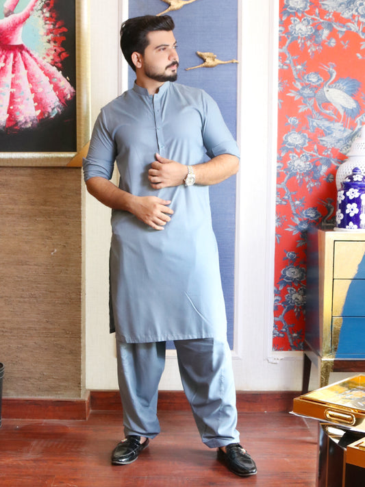 828/1 Men's Kameez Shalwar Stitched Suit Light Slate Gray 2