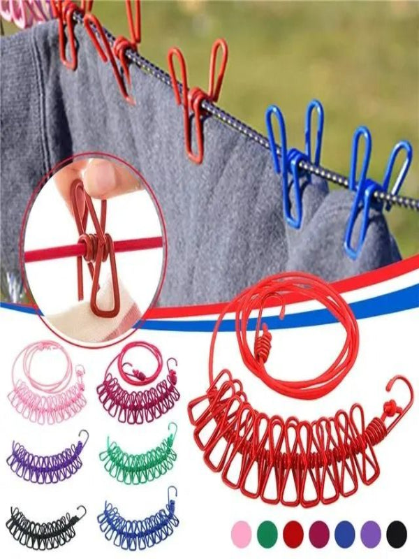 Portable Retractable Travel Clothesline With Non-Slip Clips Multicolor