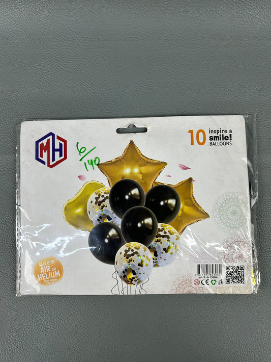 Pack Of 10Pcs Black & Golden Heart & Stars Party Balloons Set BP62