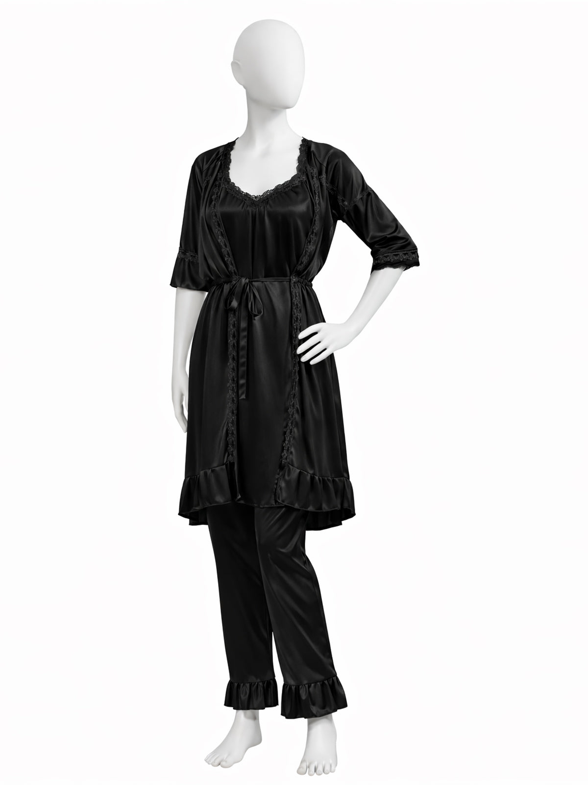 3 Piece Satin Black Nighty Set for Girls and Women WSN12