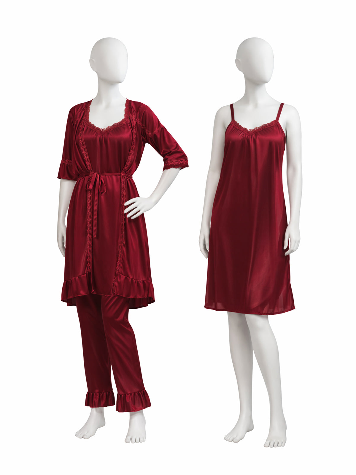 3 Piece Satin Maroon Nighty Set for Girls and Women WSN14