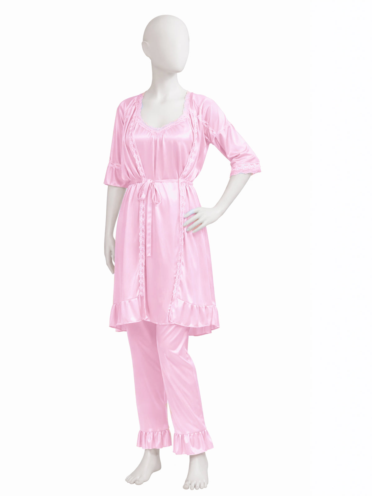 3 Piece Satin Pink Nighty Set for Girls and Women WSN15