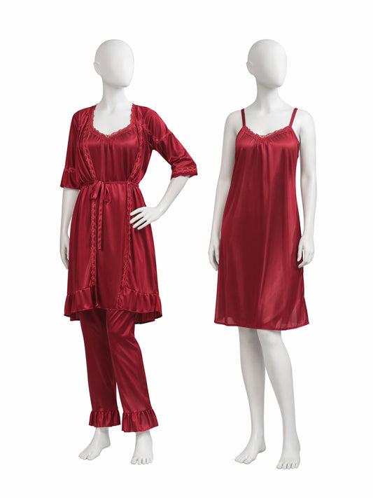 3 Piece Satin Red Nighty Set for Girls and Women WSN16