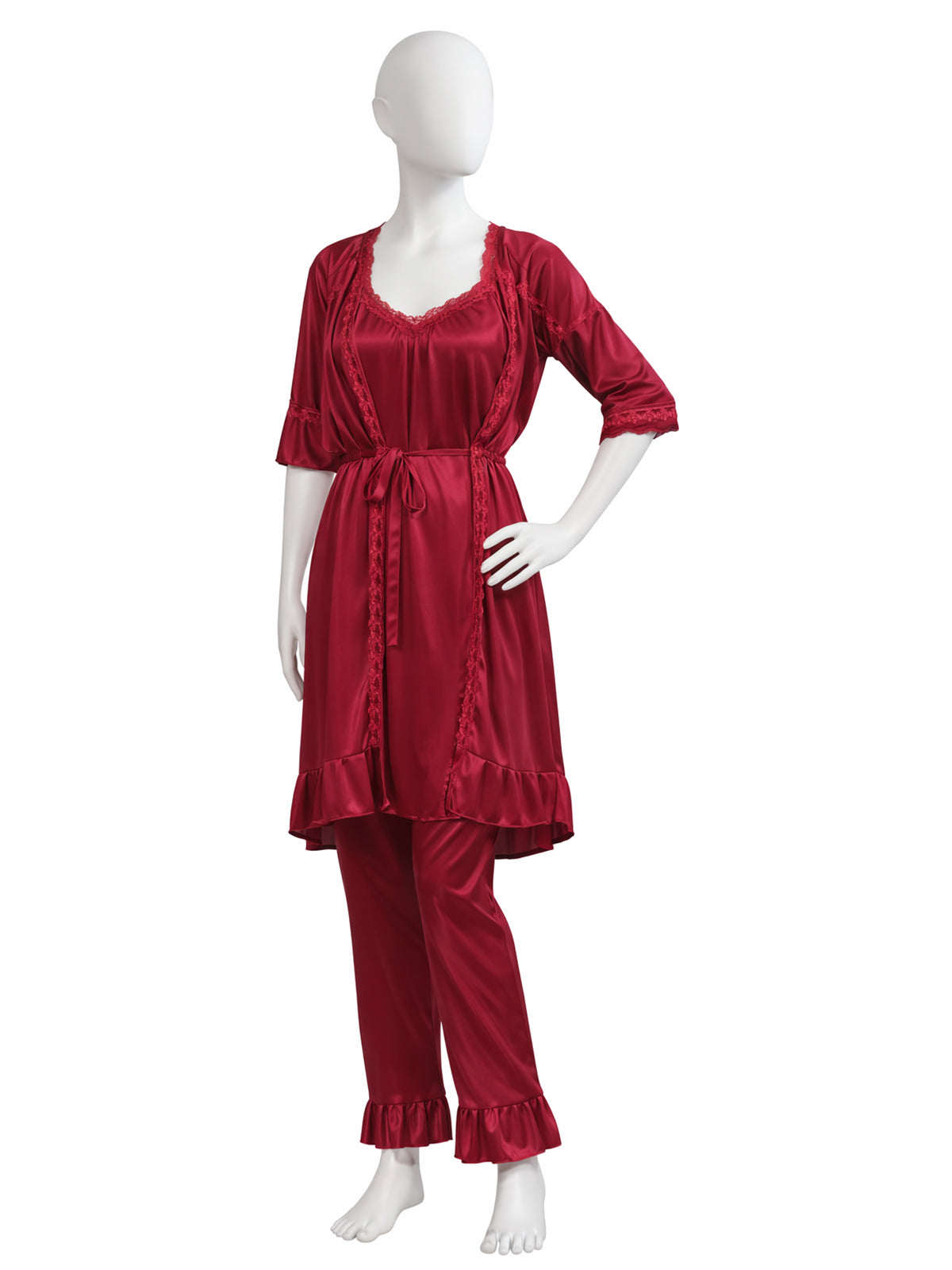 3 Piece Satin Red Nighty Set for Girls and Women WSN16