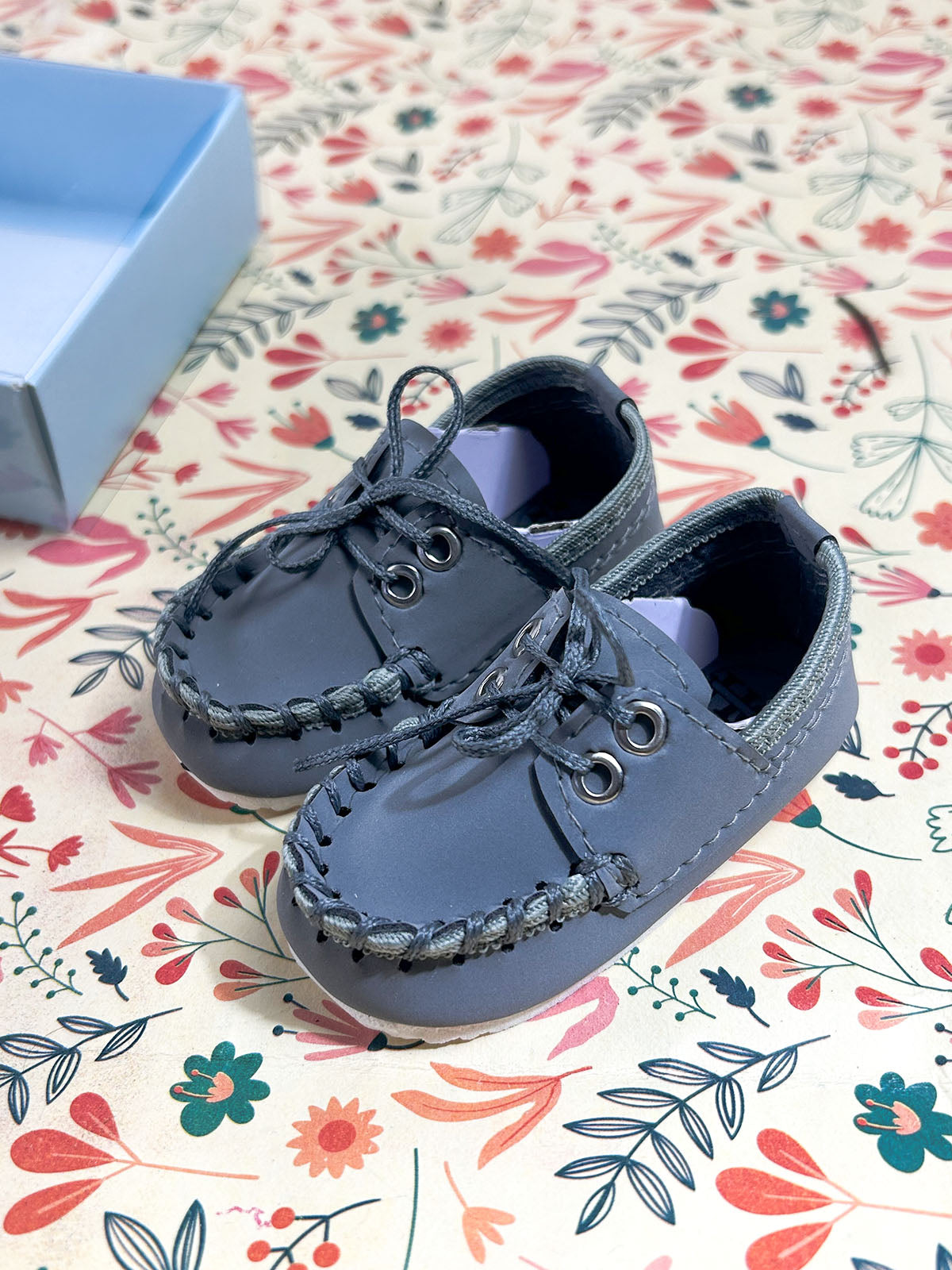 Slate Grey Lace-Up Moccasin Booties For Newborn NB123