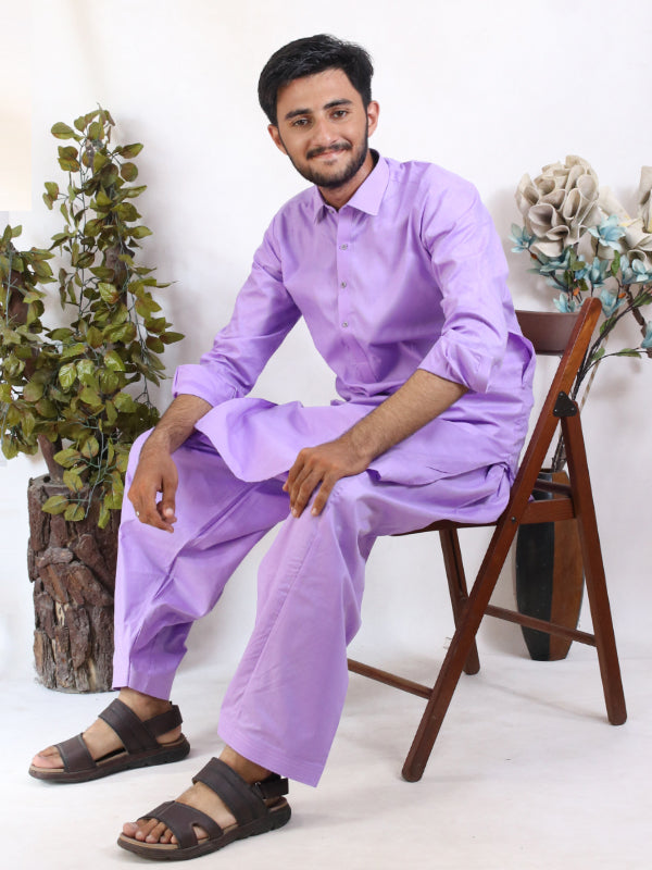 MSK47 AN Men's Kameez Shalwar Plain Stitched Suit Shirt Collar Purple