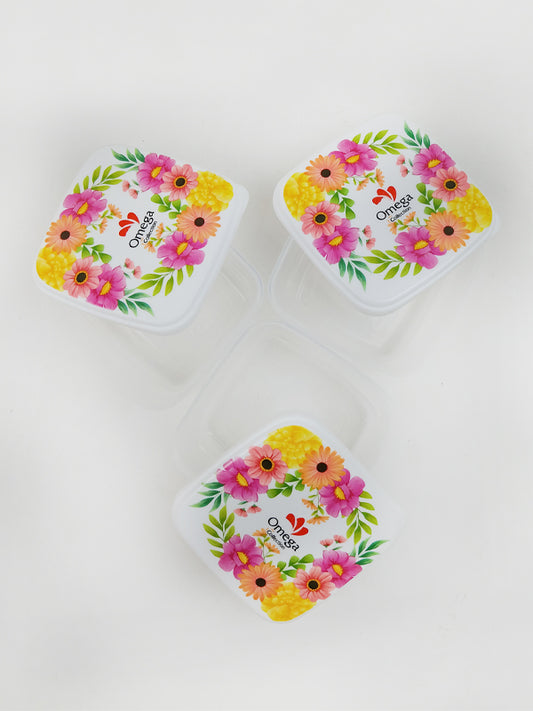 Pack of 3 Plastic Food Storage Box Square Flower