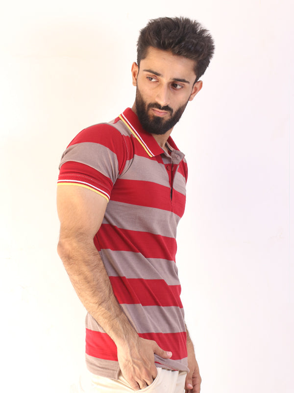 MPT01 AB Men's Red Striped Contrast Polo Shirt