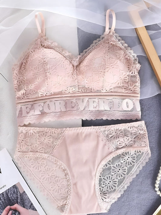 Beige Padded Lace Bra Panty Lingerie Set for Girls and Women LB47