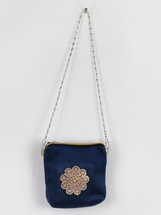 Stylish Velvet Handbag For Girls Flower Navy Blue 48