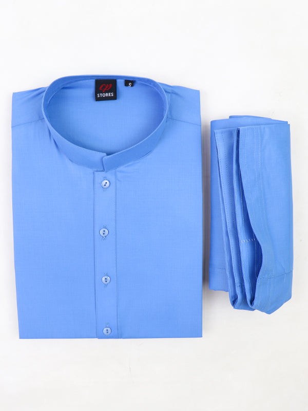 MSK12 540P AM Men's Kameez Shalwar Plain Stitched Suit Sherwani Collar Blue