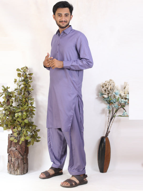 MSK47 AN Men's Kameez Shalwar Plain Stitched Suit Shirt Collar Light Purple