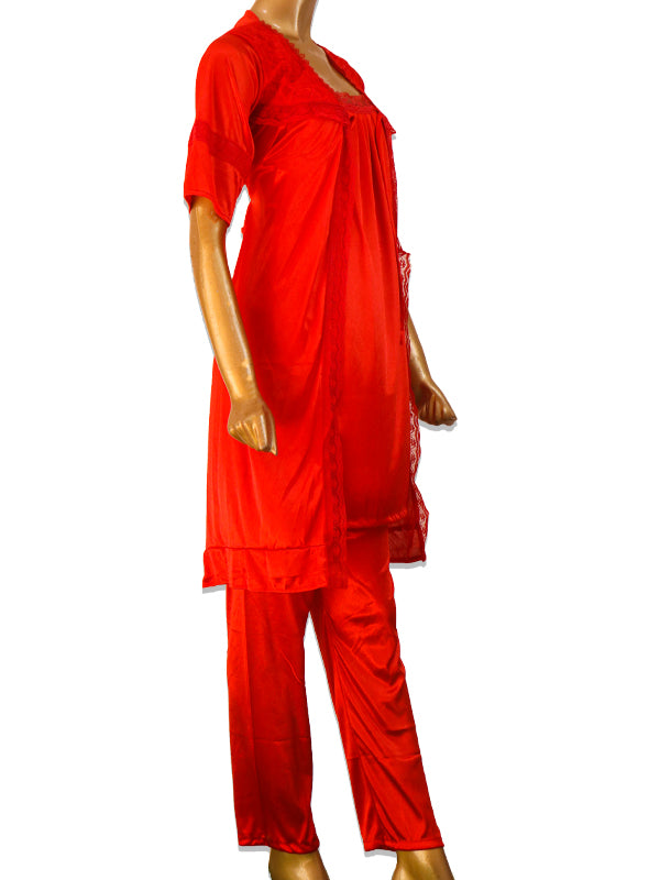 Red - 3Pcs Long Nighty For Women WLN01