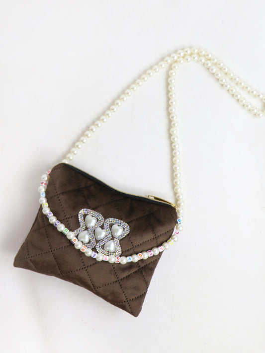 Stylish Velvet Handbag For Women's Heart Brown 18