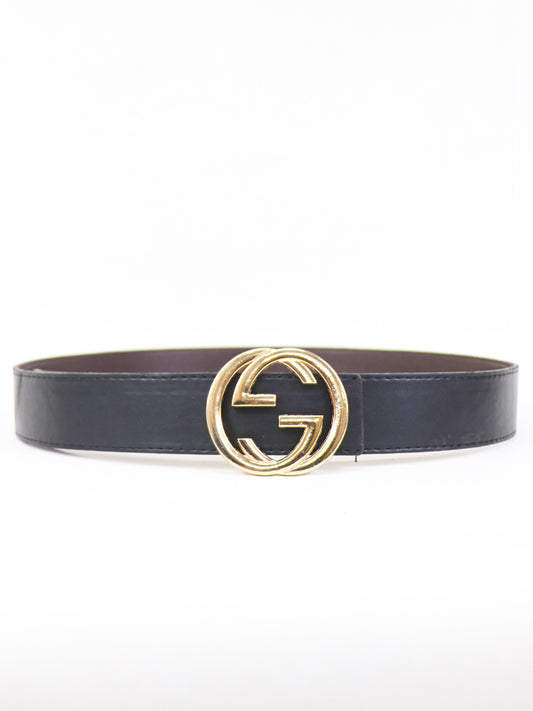 GG Men's Leather Belt Black ( Golden Buckle )