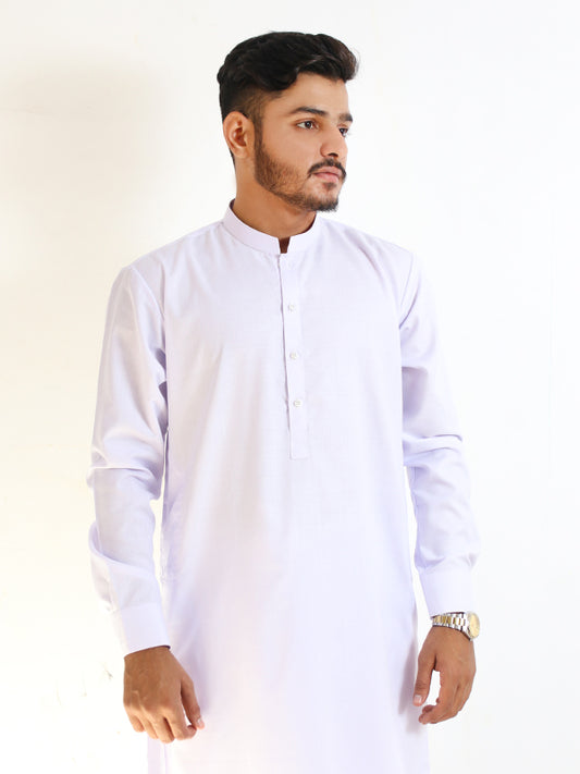 Men's Kameez Shalwar Stitched Sherwani Collar Plain Suit Neel White