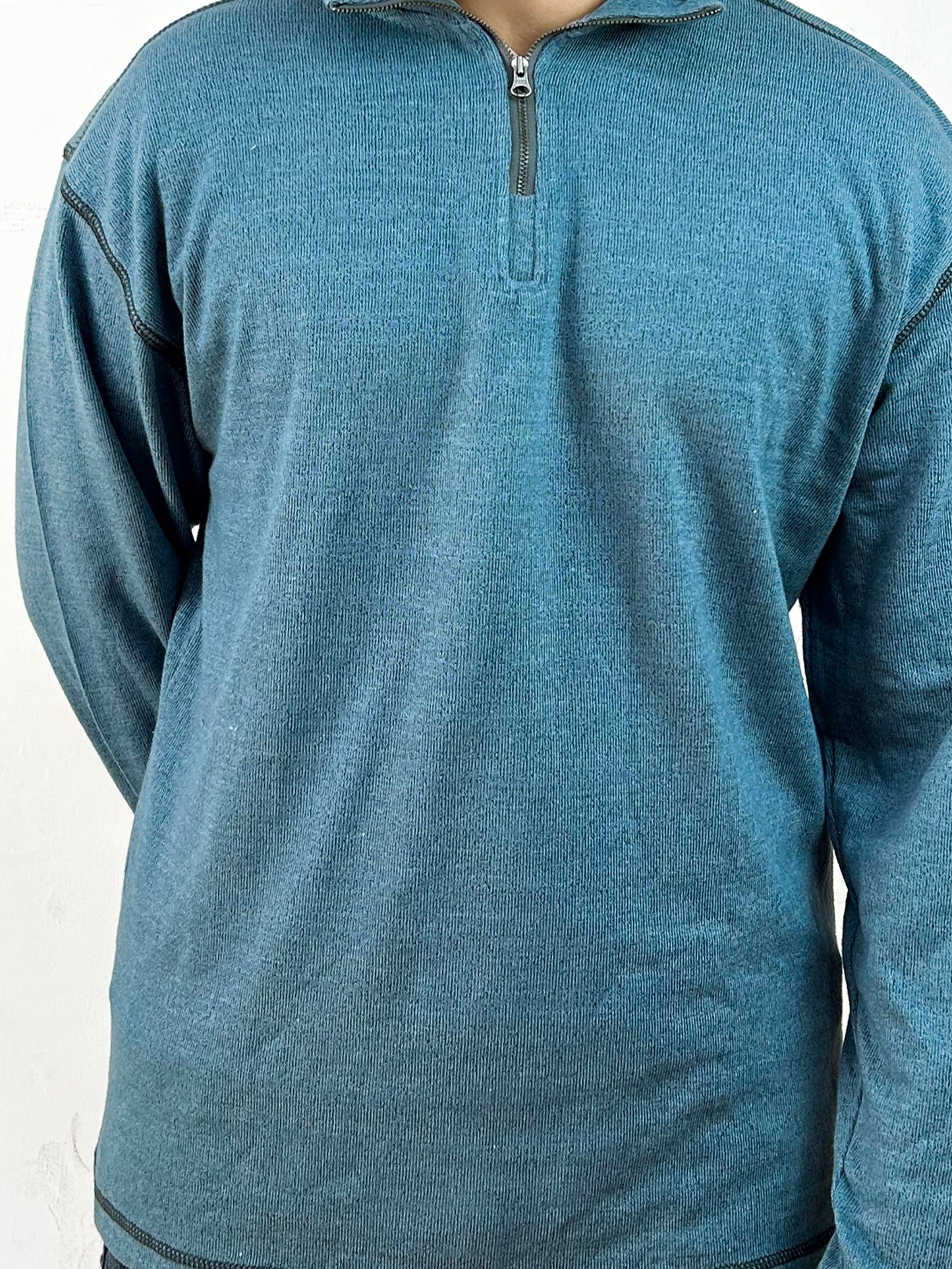 Sea Green Stand Neck Zipped Sweatshirt For Men MSS12