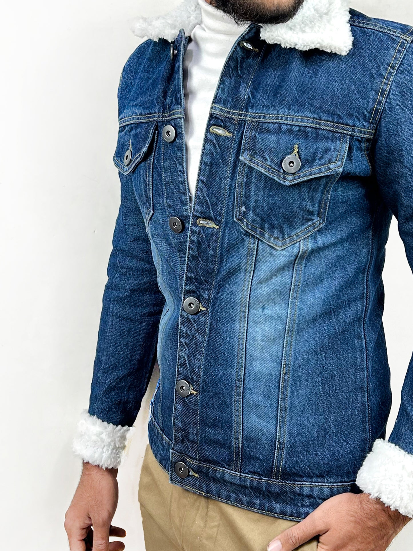 Faded Blue Fur Collar Denim Jacket for Men MJ14