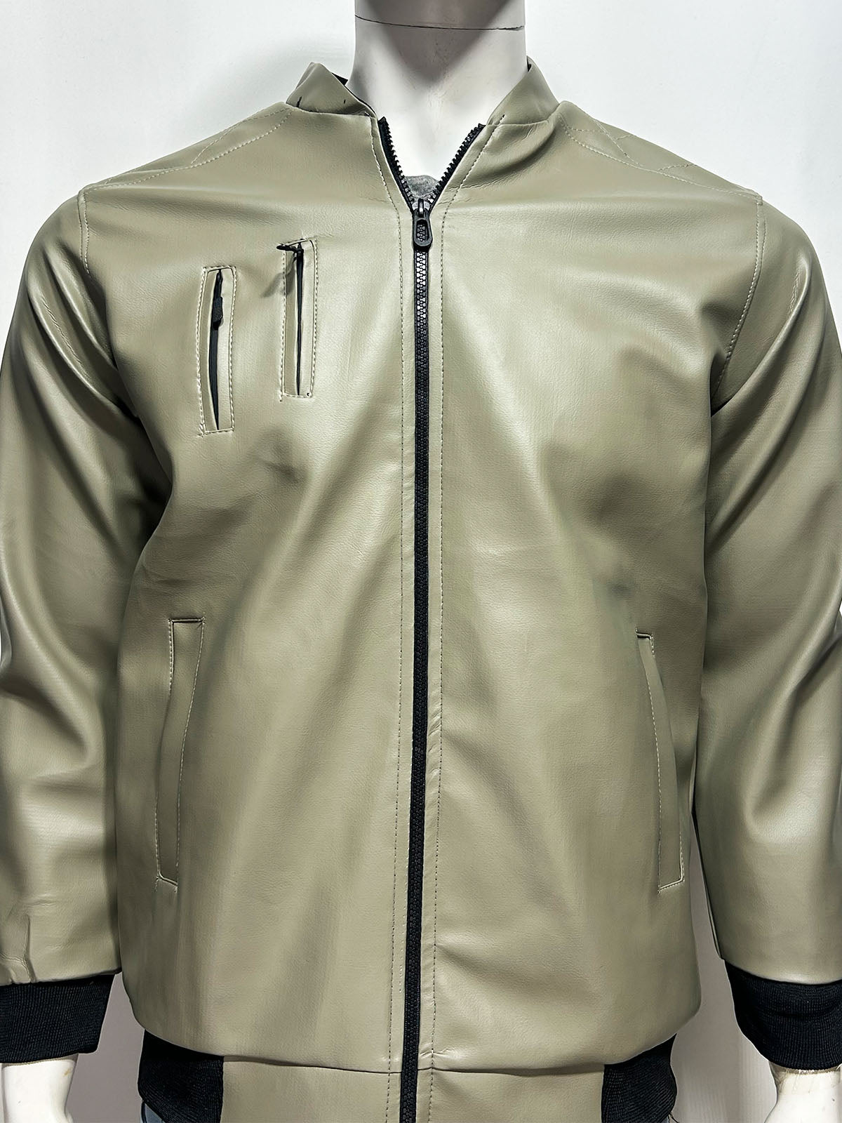 Stone Olive Faux Leather Jacket For Men MJ42