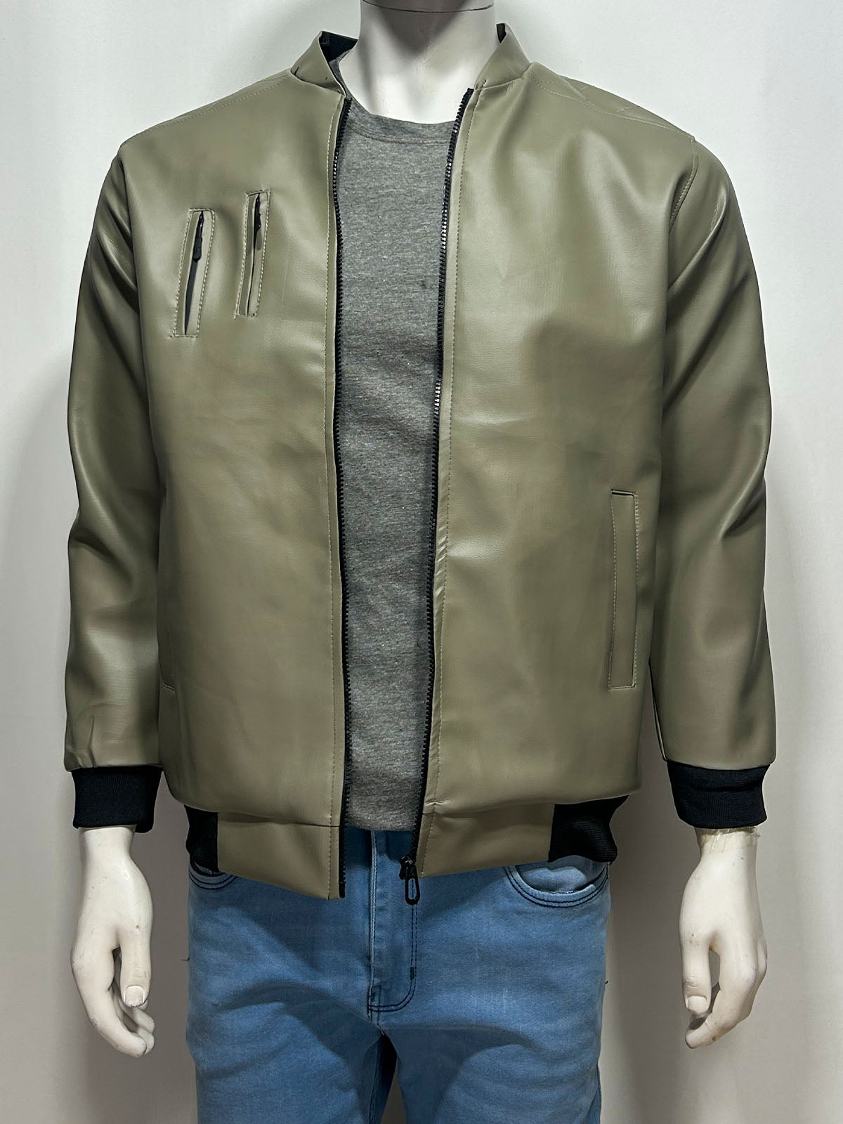 Stone Olive Faux Leather Jacket For Men MJ42