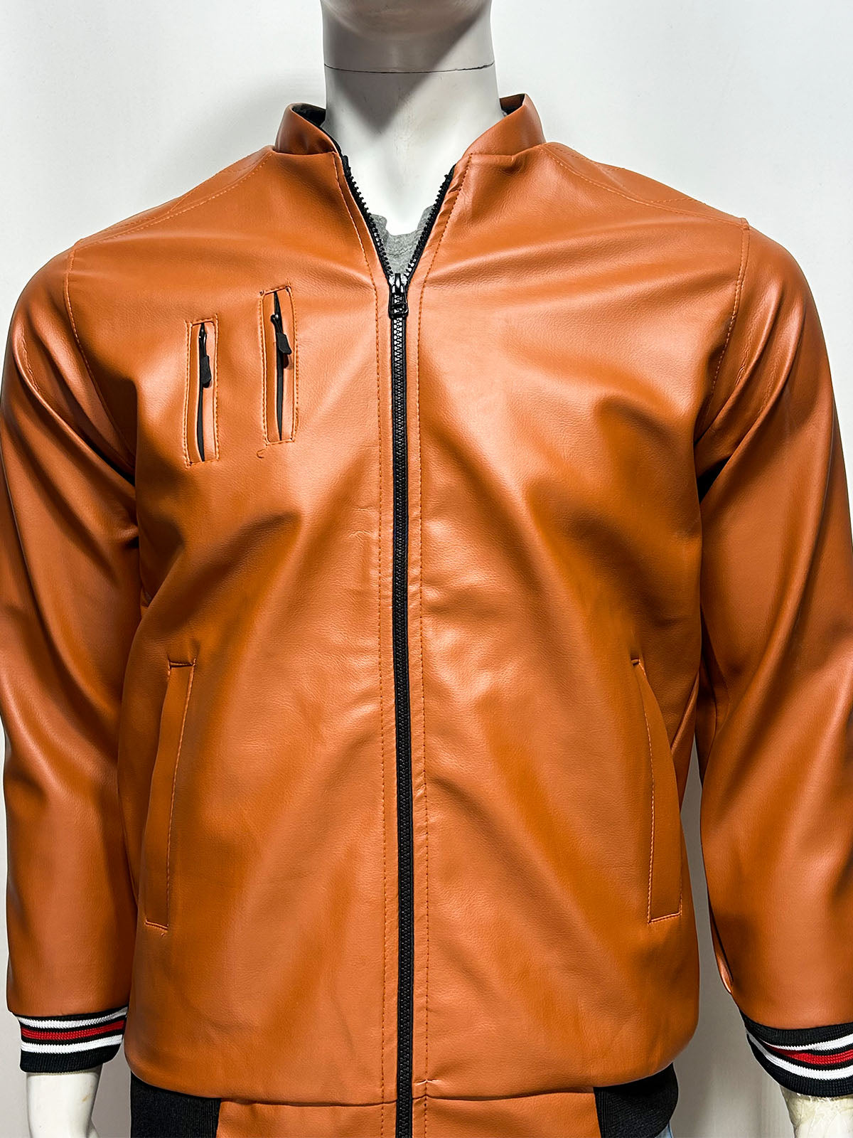 Cognac Brown Faux Leather Jacket For Men MJ43