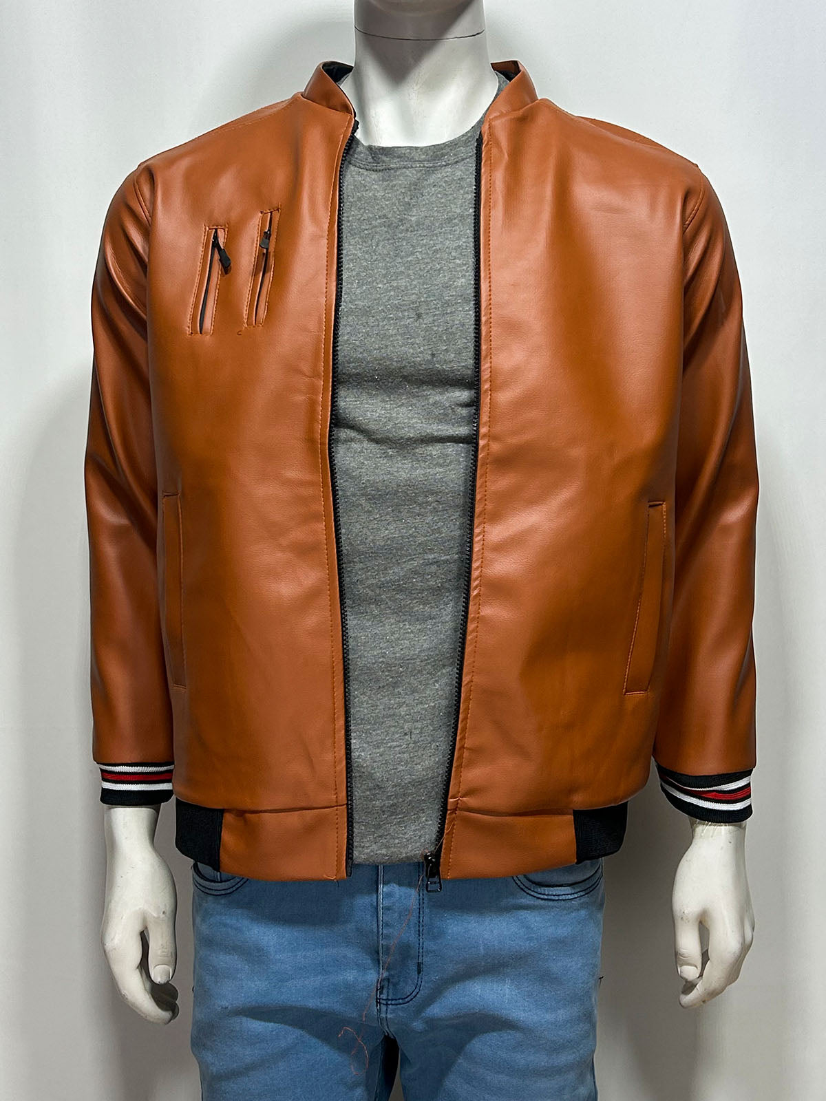 Cognac Brown Faux Leather Jacket For Men MJ43