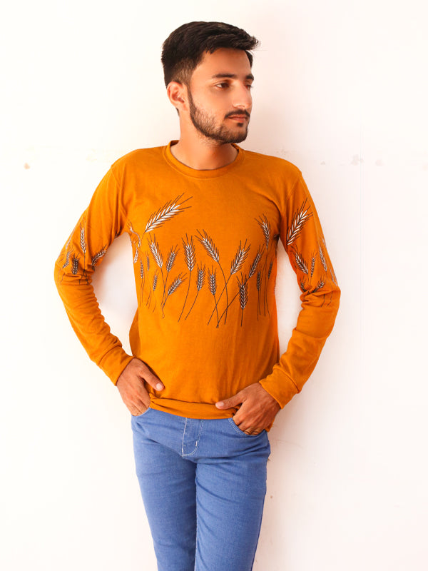 Light Brown Full Sleeve Printed T-Shirt For Men SN MTS79