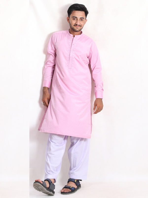 MSK37 Men's Chambray Kameez Shalwar Stitched Suit Cuff Pink