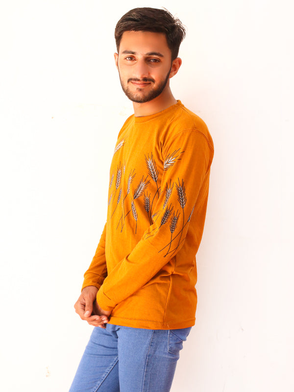 Light Brown Full Sleeve Printed T-Shirt For Men SN MTS79