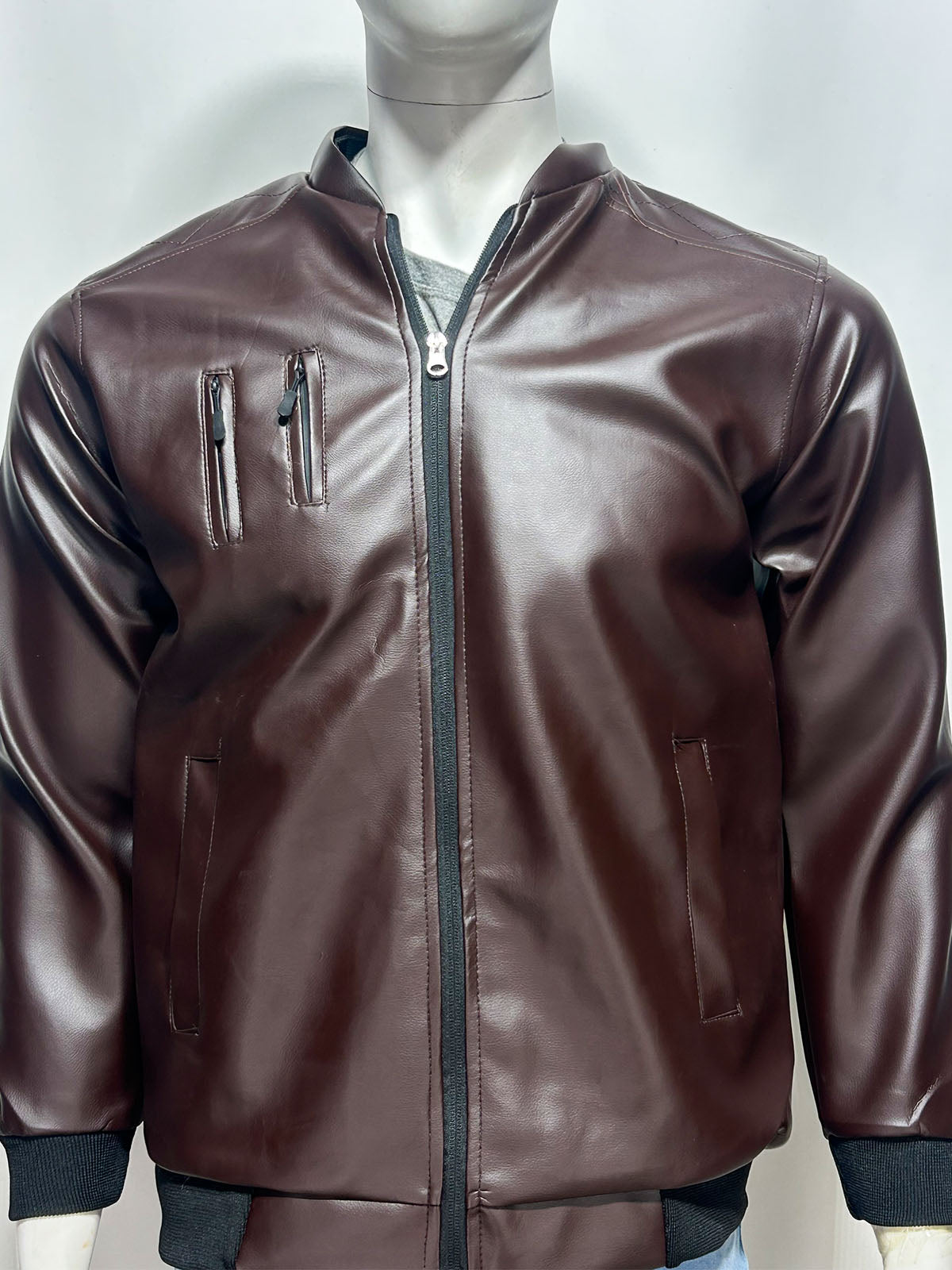 Dark Mahogany Faux Leather Jacket For Men MJ46