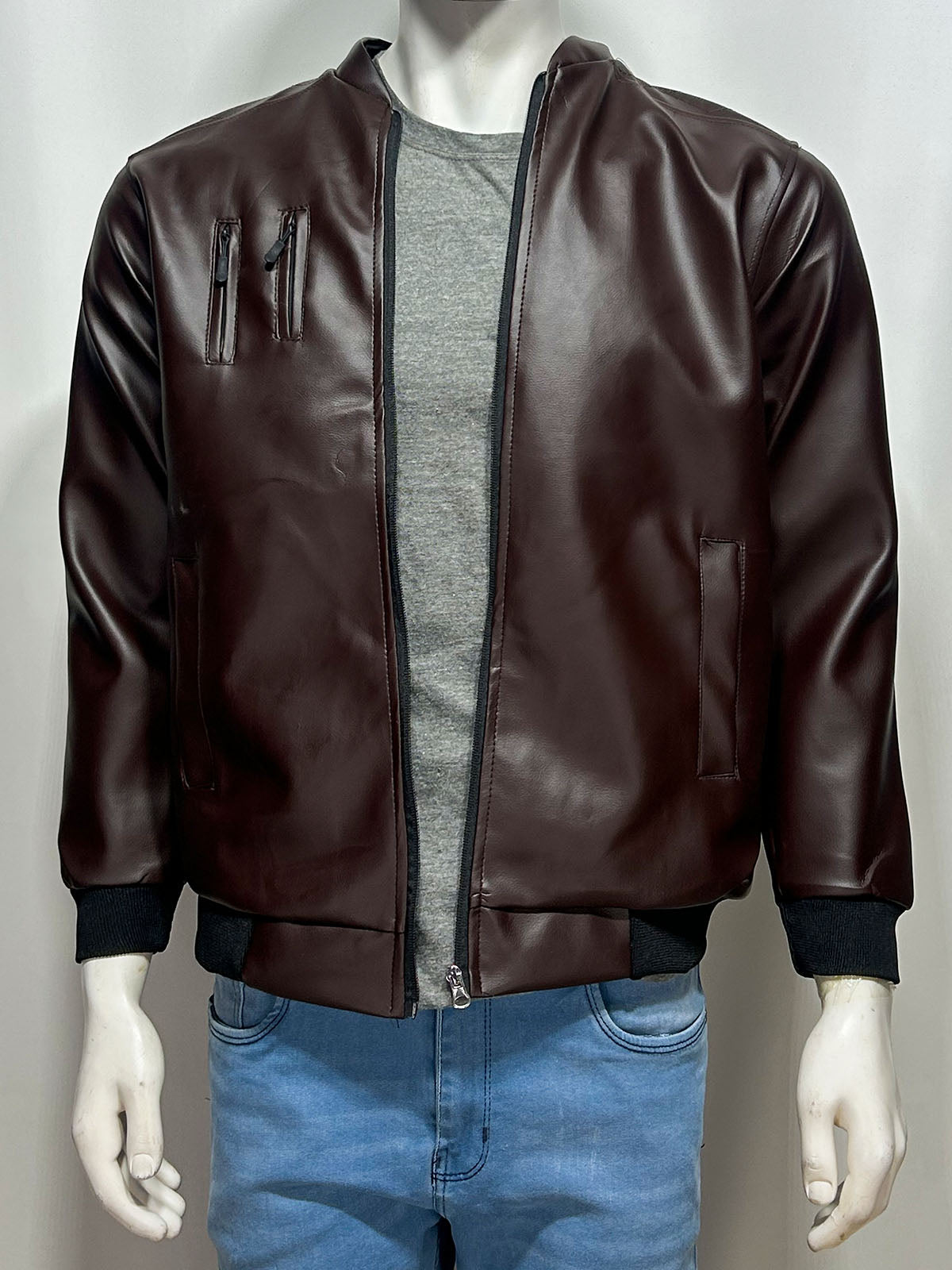 Dark Mahogany Faux Leather Jacket For Men MJ46
