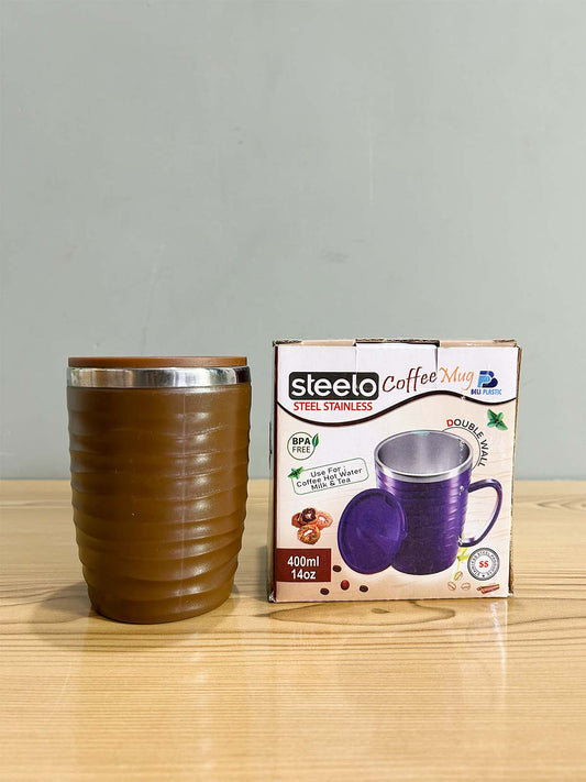 Brown Stainless Steel Coffee Mug With Cap - 400ML CM48