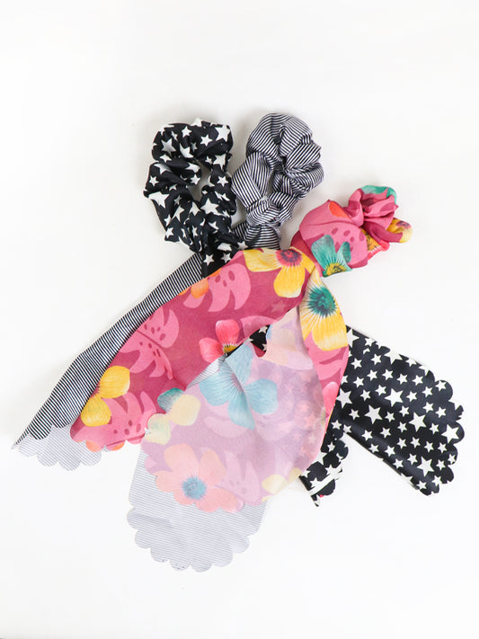 Pack Of 3 Ponytail Holders Hair Ribbon Scrunchies For Women - Multicolor & Multidesign