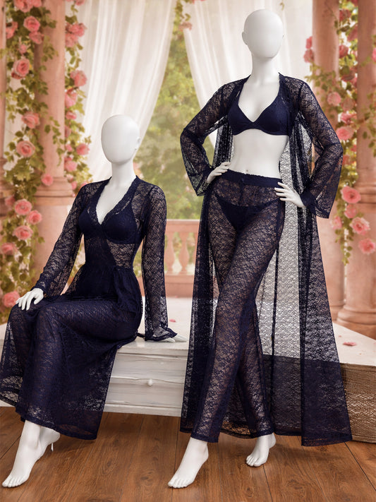 4 Piece Satin Blue Nighty Lingerie Set for Girls and Women WSN18