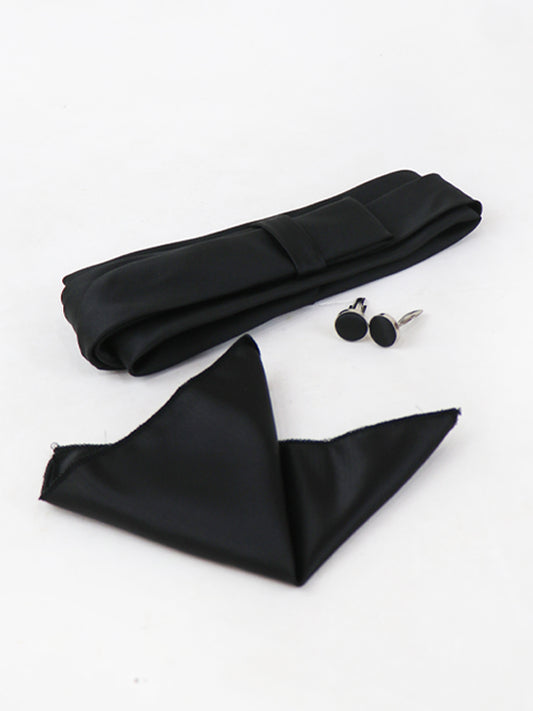 TBS42 3Pcs Tie Gift Box Tie Cuff-Link Pocket Square Plain Black