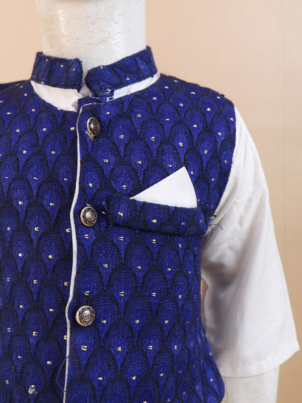 1Yrs - 5Yrs Dark Blue Waistcoat with White Kurta Pajama Suit For Boys BKS69