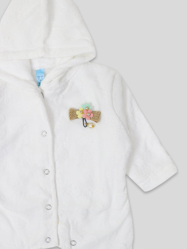 ATT Newborn Hooded Romper 3Mth - 9Mth Flower White